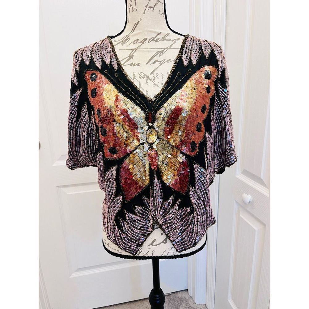 Butterfly Sequin Vintage 70’s Silk Top !!! Beyonce